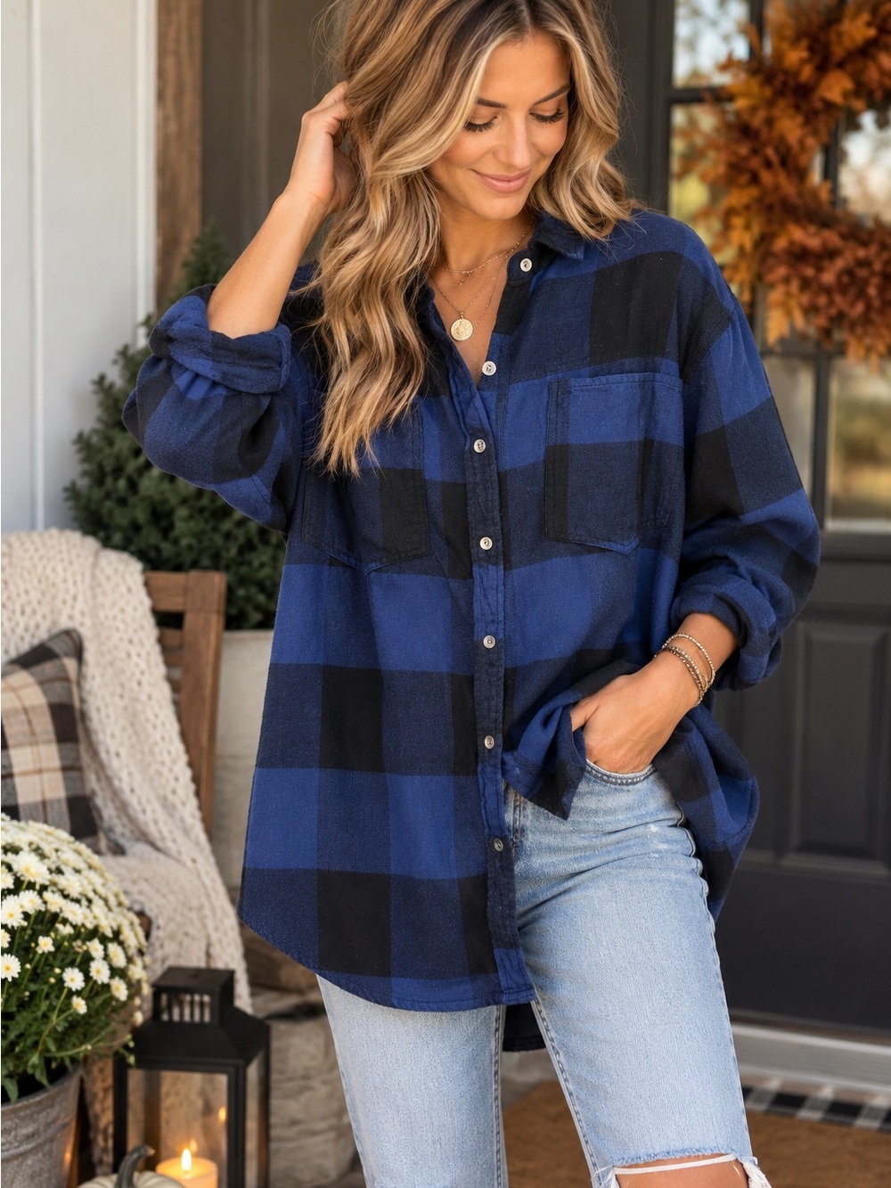 Aerie Oversized Buffalo Plaid Flannel Shirt S Blue Black